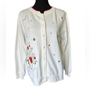 Vintage Shenanigans Button Front Embroidered Snowman Christmas Sweatshirt,Large